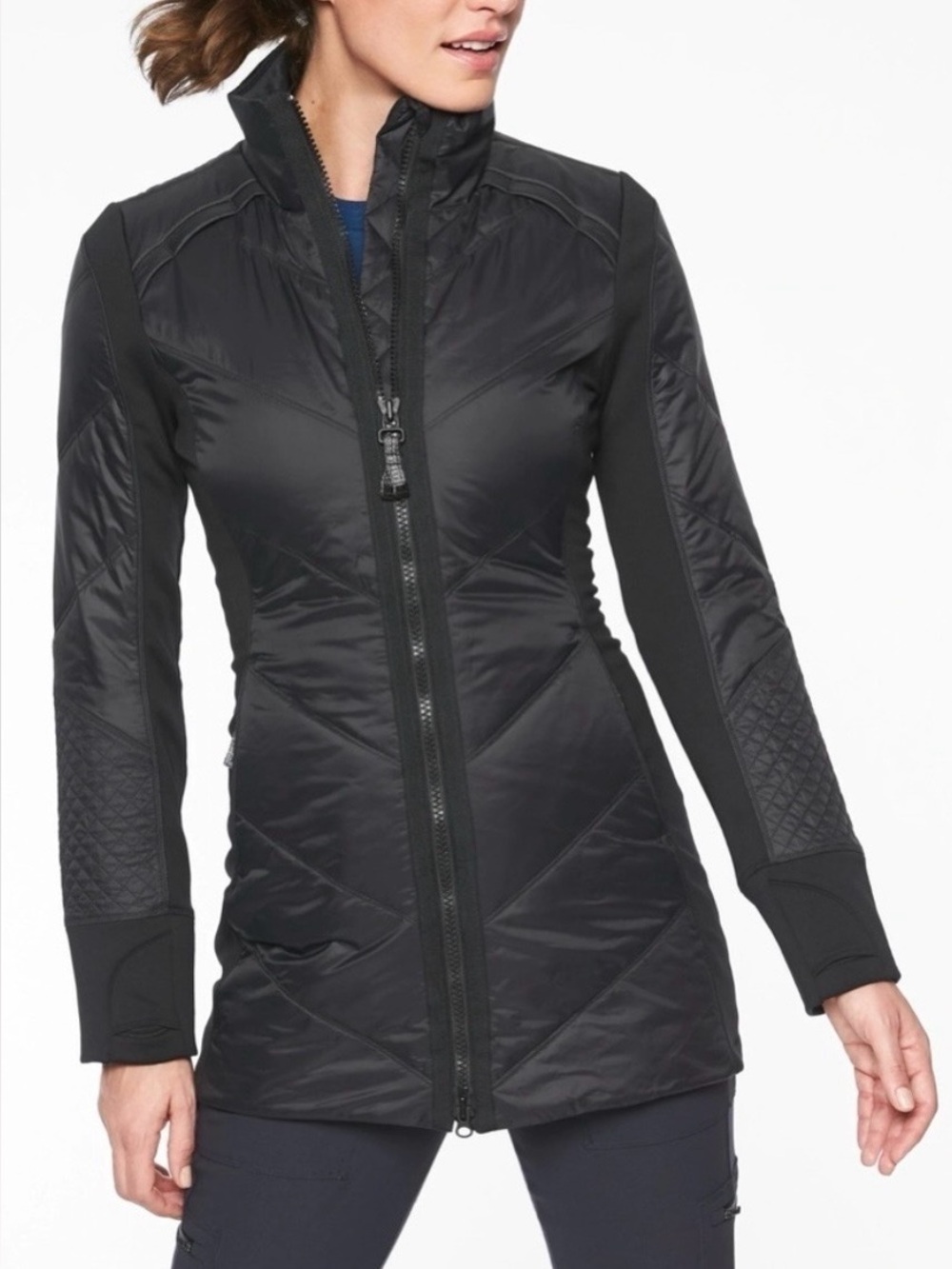 Athleta Black Quilted Primaloft Long Hybrid Puffer Jacket